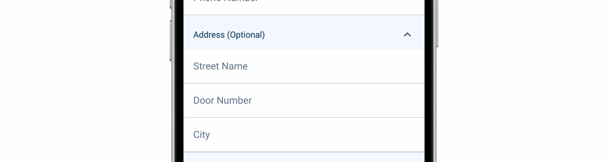 Image showing an expander containing Text Fields requesting address details.