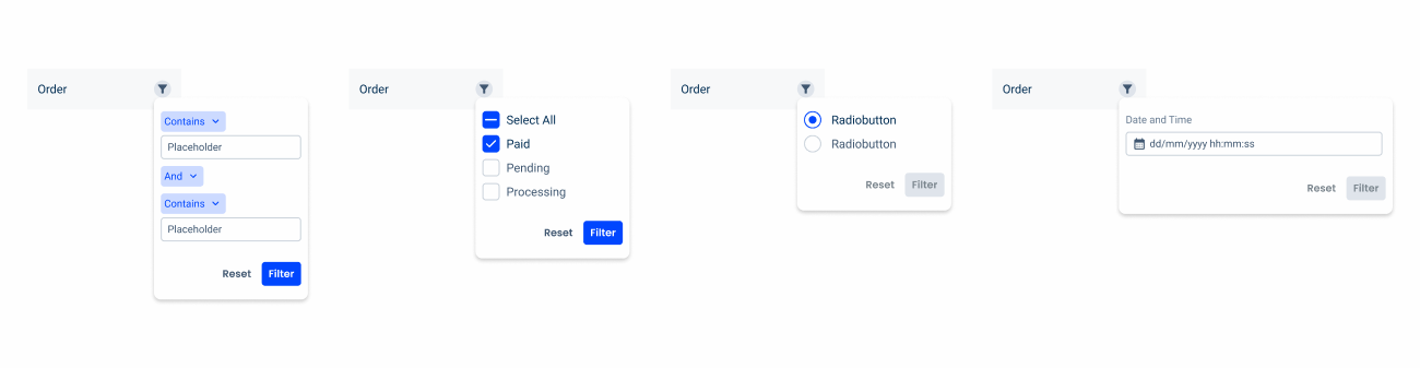 Several dropdowns showing different types of column filtering