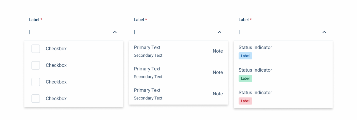 Image showing examples of different dropdown menus. The first has Checkboxes, the second has different types of text and the last one has Status Indicators.