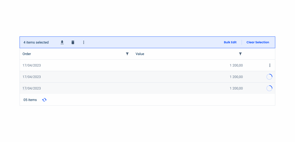 Table with 3 lines with the processing state