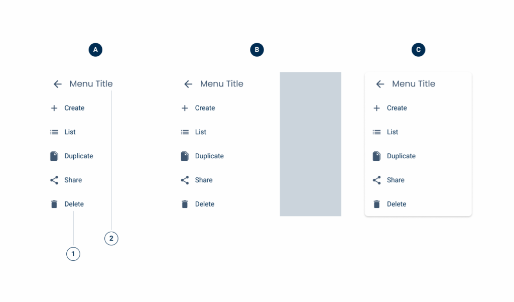 Image showing the anatomy of the Menu component. It shows its variations and the items it includes